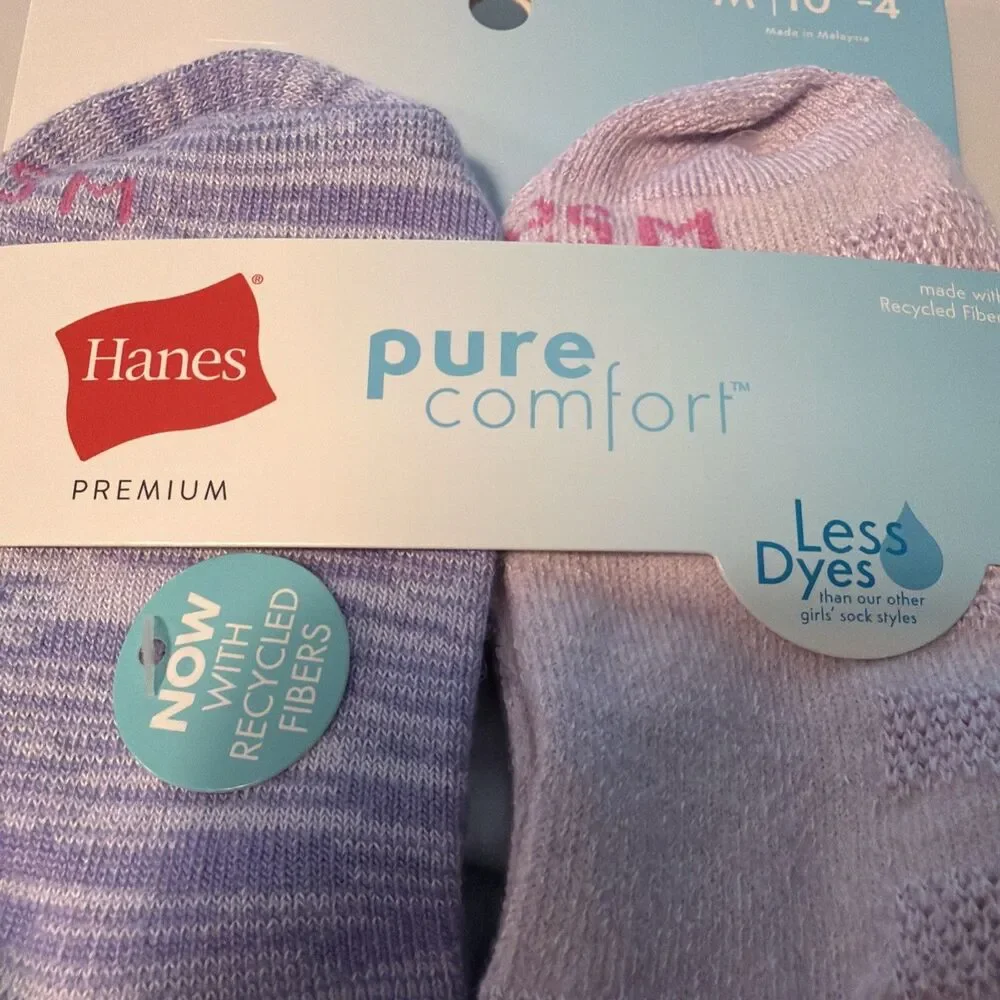 Hanes Premium Pure Comfort Girls No Show Socks 6 Pairs Medium Show Size 10.5-4
